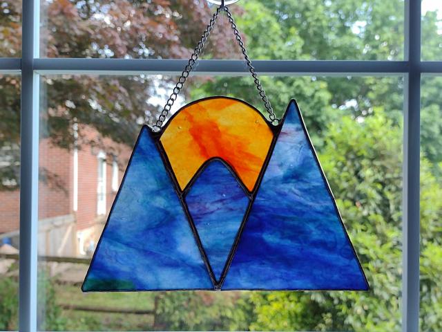 Stained Glass Mountain Sunset/Sunrise Suncatcher, Blue and Purple