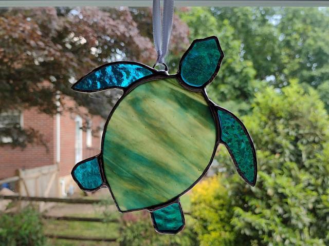 Stained Glass Sea Turtle Suncatcher, Blue and Green