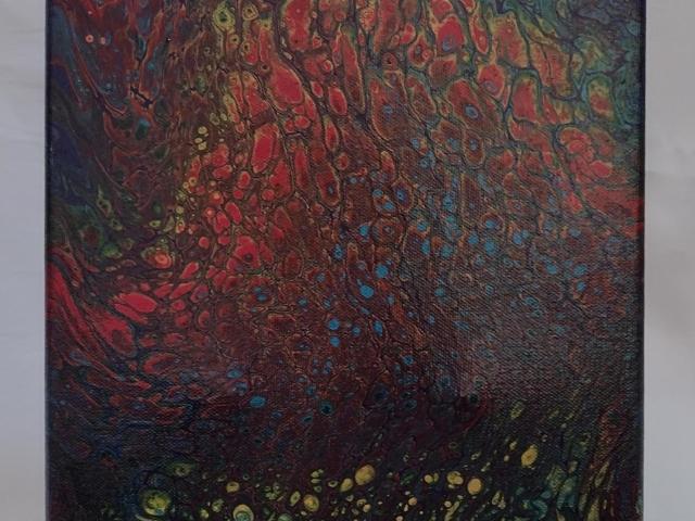 Black, Red, Blue, and Gold Acrylic Abstract Painting, 9" x 12" on Canvas