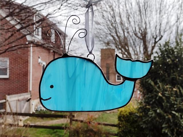 Stained Glass Beluga Whale Suncatcher, Blue and White Swirled Glass Fish